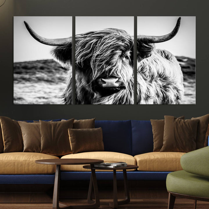 Highland Cow Wall Art | 3-Panel Black and White Highland Cow Canvas Print for Western Farmhouse Decor | Large Framed Giclee Canvas for Living Room