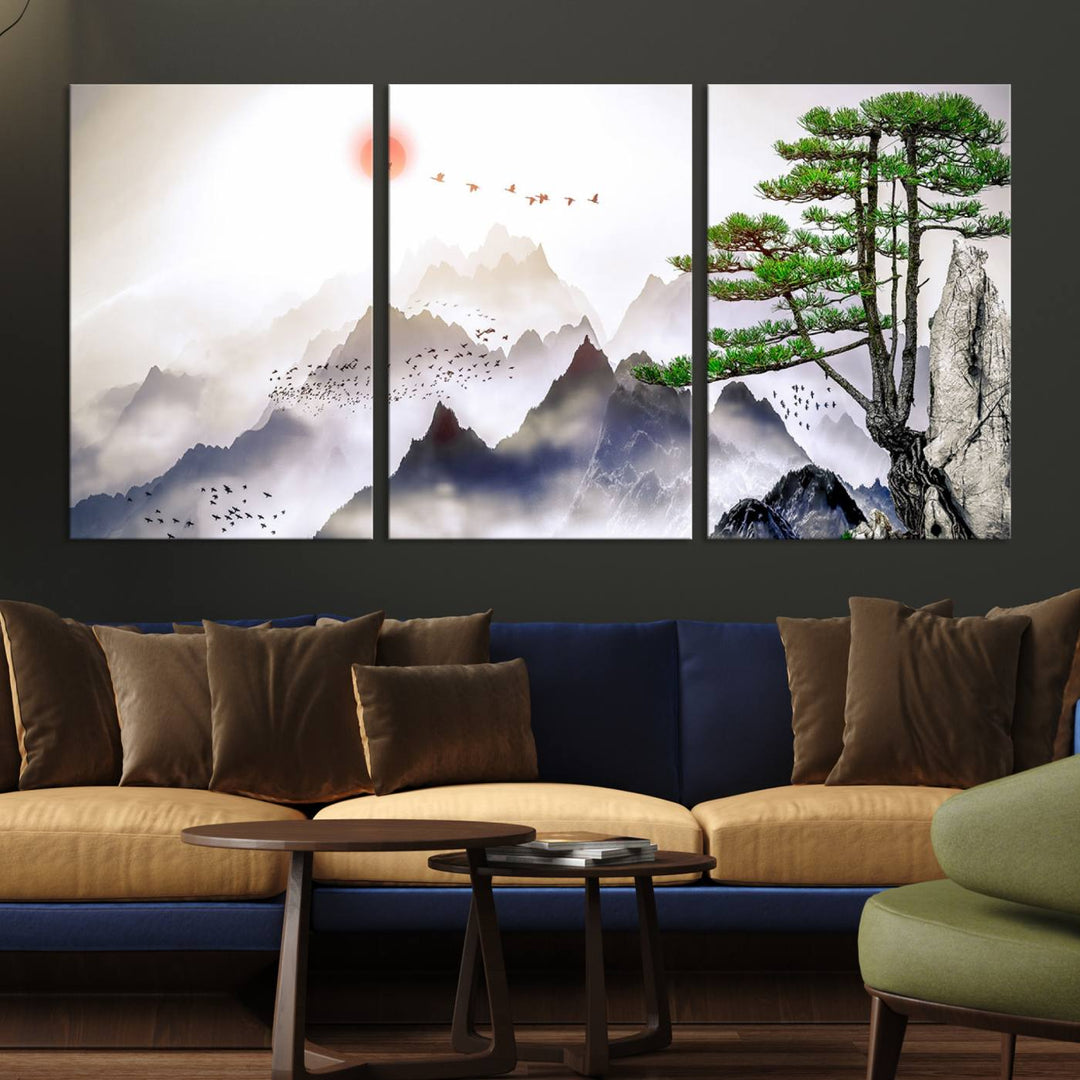 Japanese Tree Mountain Wall Art Canvas Print