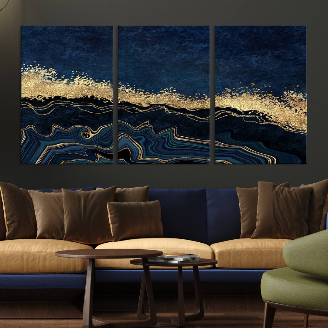 Navy Blue Marble Fluid Effect Large Wall Art Modern Abstract Canvas Wall Art Print