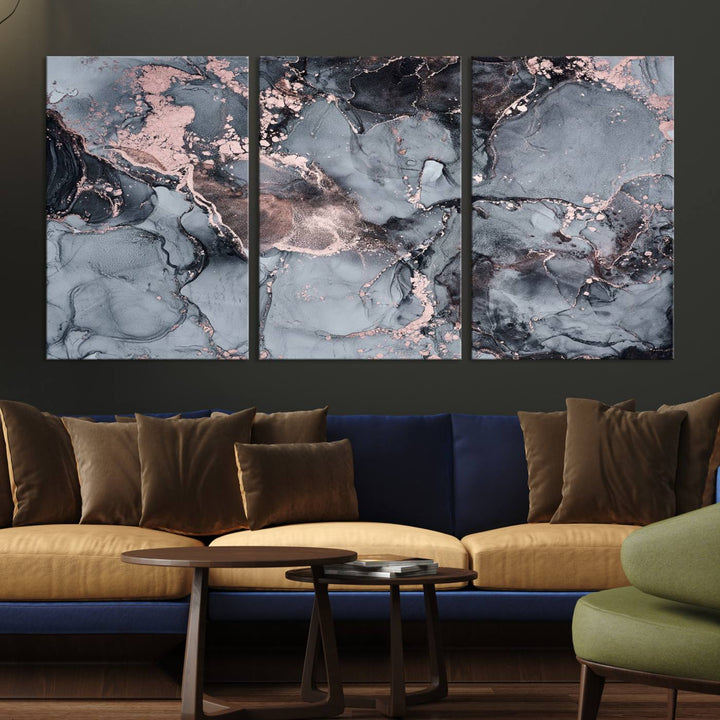 Gray and Rose Gold Marble Fluid Effect Wall Art Abstract Canvas Wall Art Print