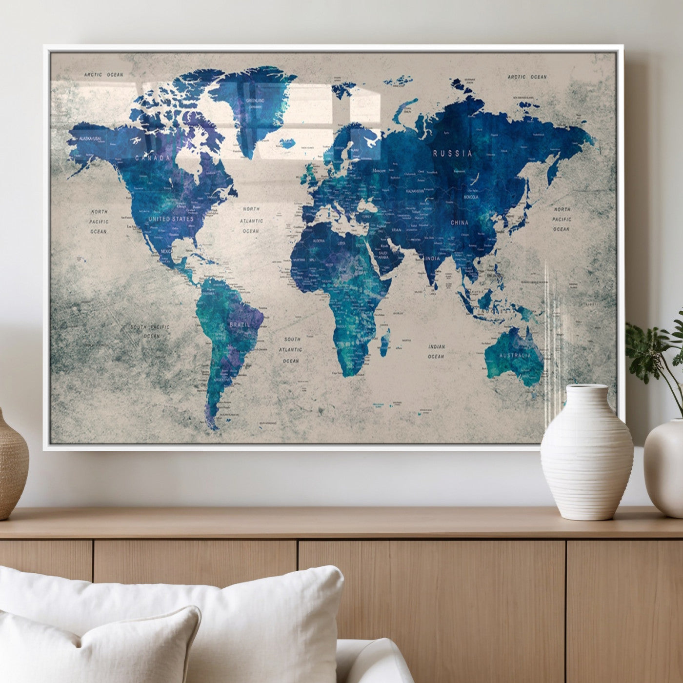 MGV-FP-60X30-3P - Push Pin World Map Canvas Print – Framed Wall Art for Couples to Track Their Travels – Anniversary