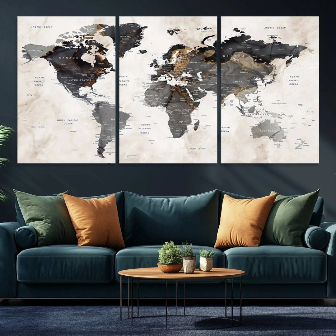 The dining room wall is adorned with the World Map Canvas Print – Earthy Triptych Wall Art, a vintage global map decor featuring dark continents.