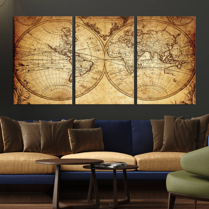 Vintage World Map Wall Art | 3-Panel Canvas Print for Living Room, Office, or Study | Giclee Canvas with Antique Design