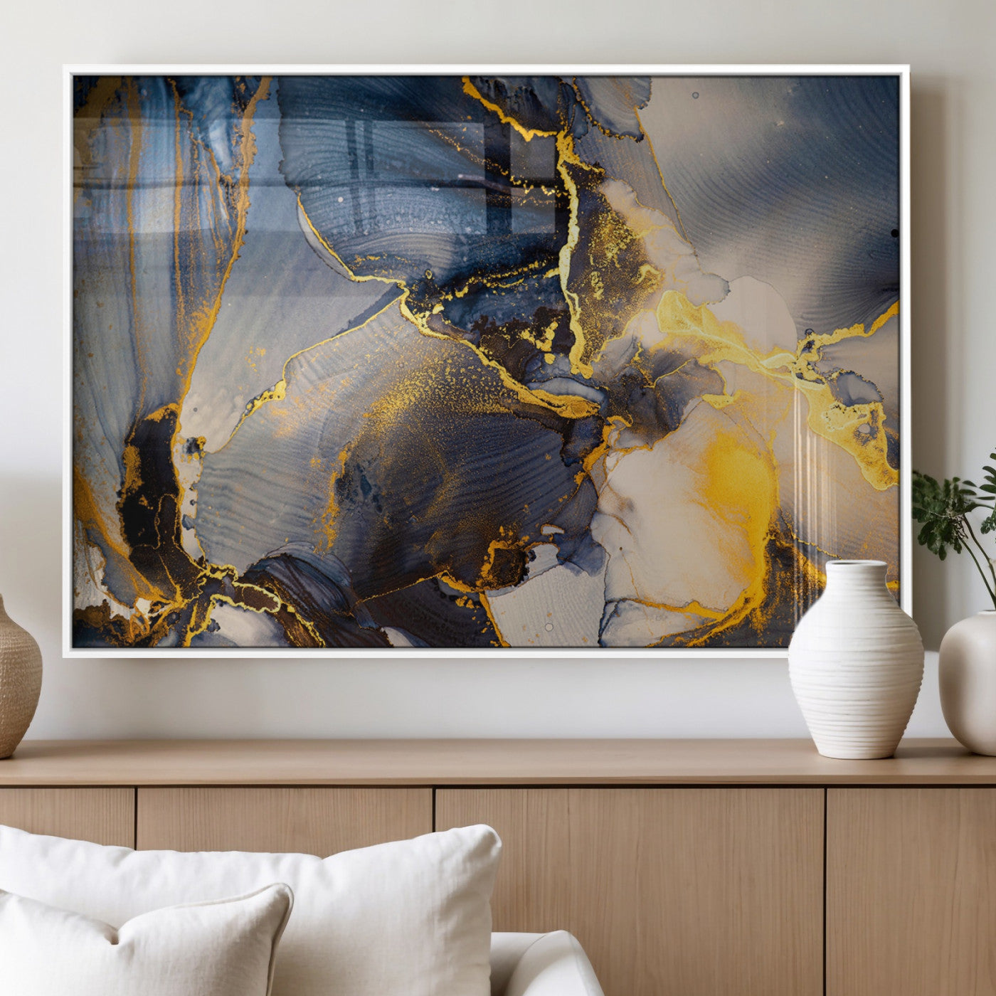 42100-MGV-FP-60X30-3P_White-Large Abstract Wall Art Print - Gold and Blue Abstract Canvas Wall Art | Fluid Ink Modern Luxury Wall Decor for Living Room Decor
