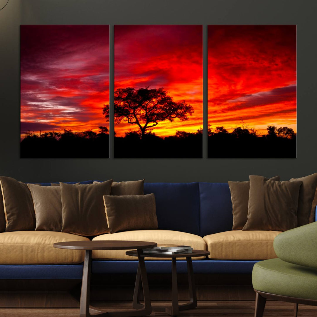 Red Sunset Landscape Artwork Printing, Forest Tree Wall Art Canvas Print