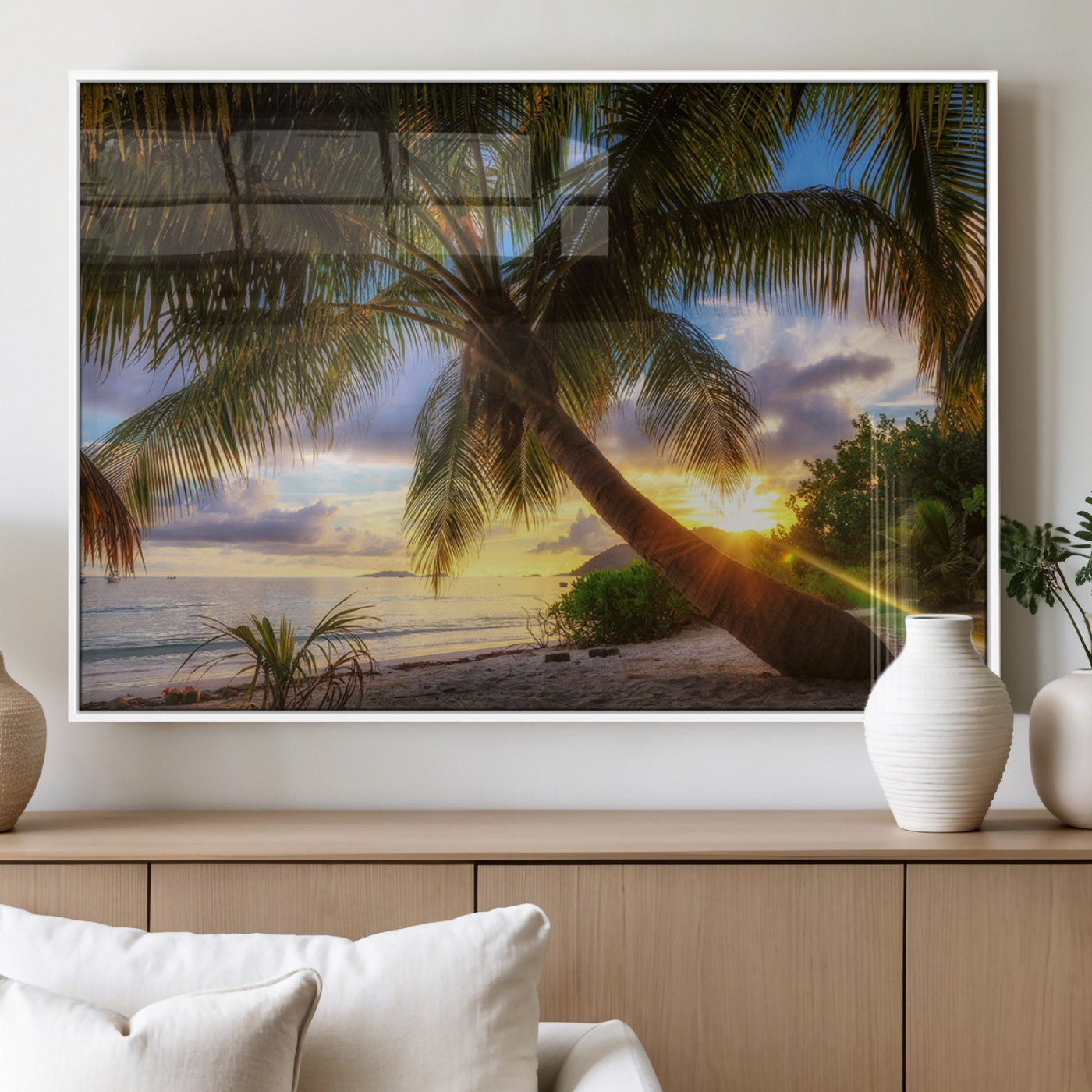 MGV-FP-60X30-3P - Tropical Island Sunset on the Beach Palms Wall Art Canvas Print