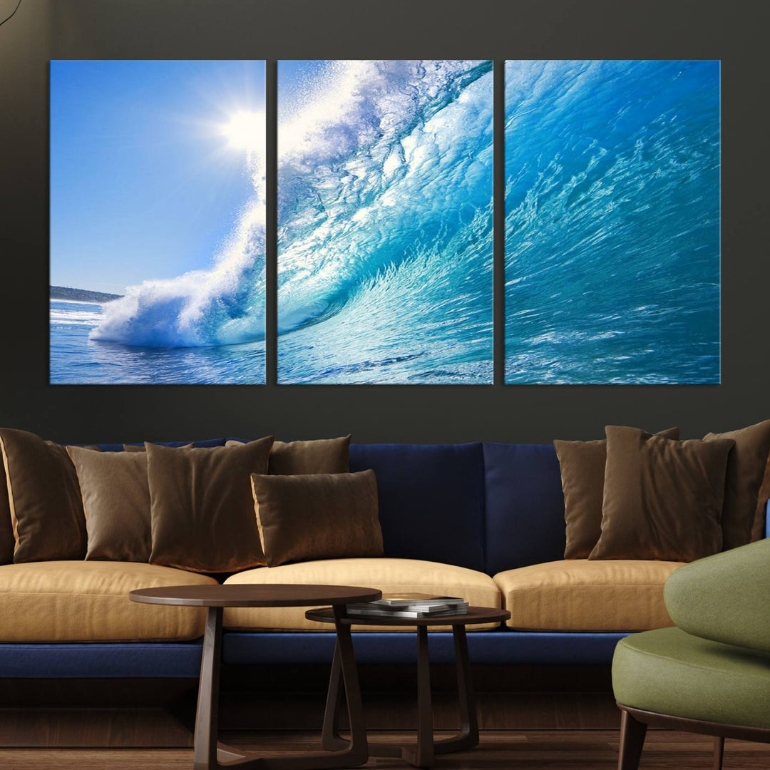 Blue Big Wave Surf Ocean Canvas Wall Art Artwork Print, Art mural de plage, Art de mur de mer