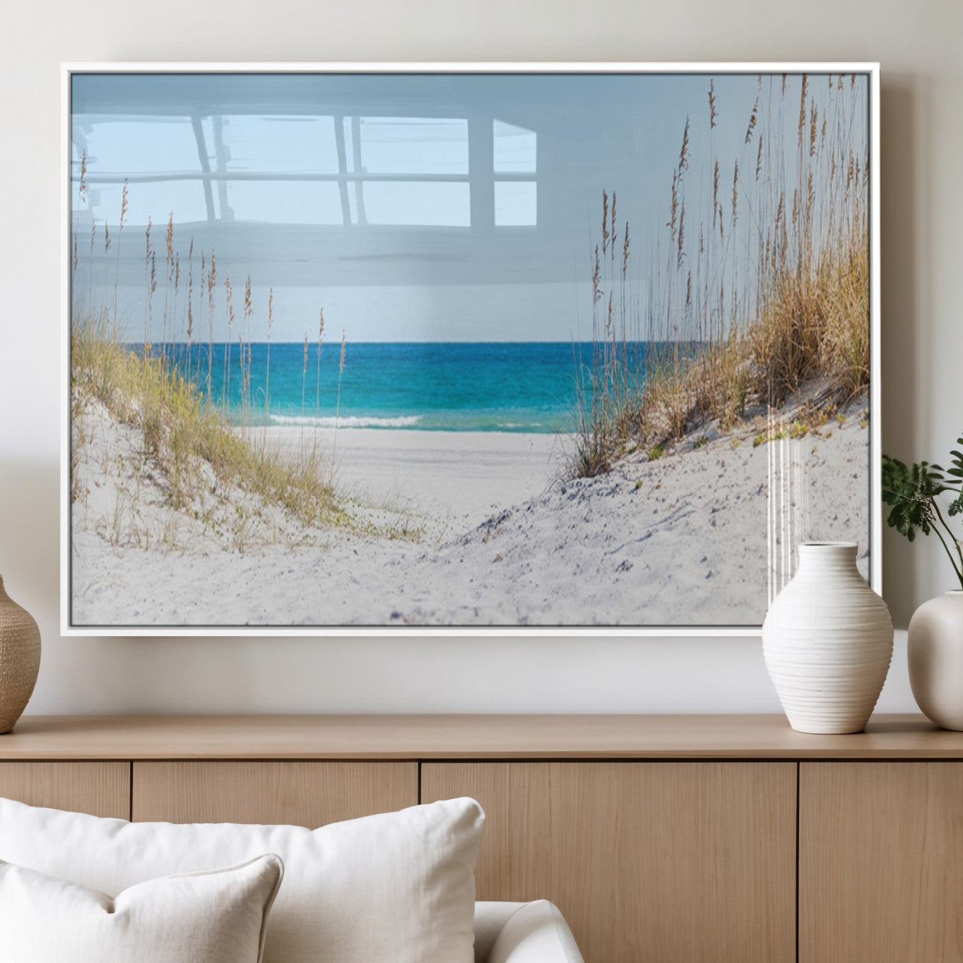 MGV-FP-36X24-3P - Serene Coastal Dune Path with Ocean View, 3-Panel Beach Canvas Wall Art, Tranquil Seascape Giclee