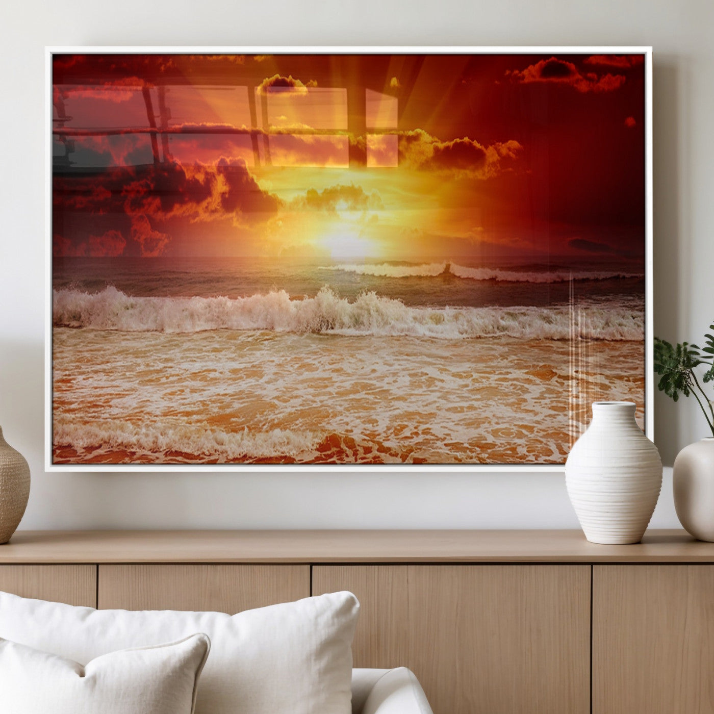 MGV-FP-36X24-3P - Red Sunset Ocean Beach Canvas Wall Art Beach Canvas, Coastal Sunset Print