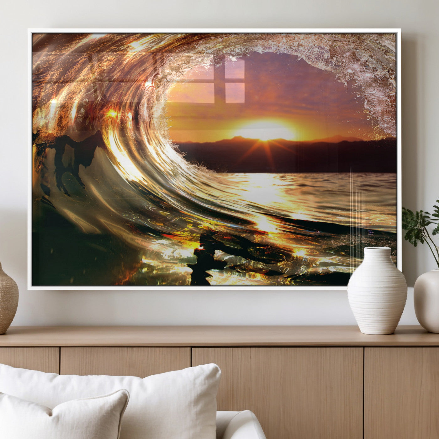 MGV-FP-36X24-3P - Golden Wave Sunset Triptych Canvas Art, Giclee Canvas Print of Ocean Wave and Sunset, Framed Ocean