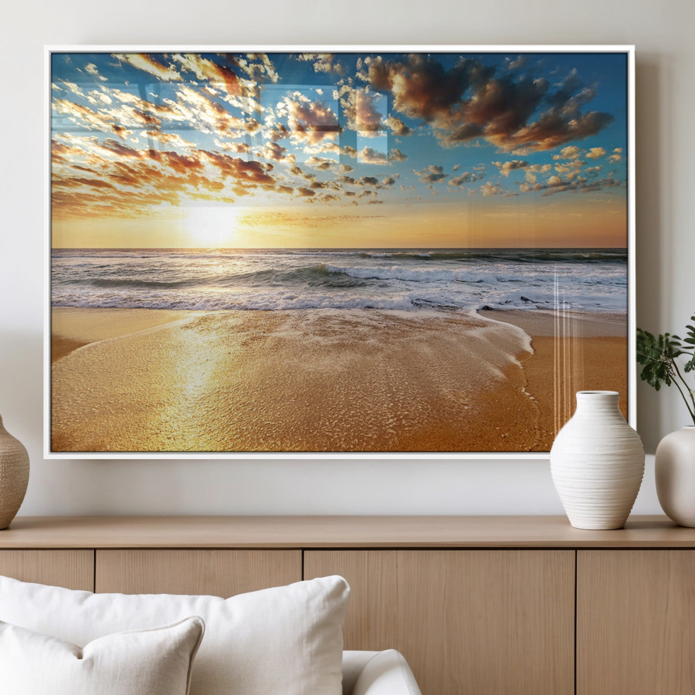 MGV-FP-36X24-3P - Golden Sunset Beach Print Canvas Wall Art, Giclee Canvas Print with Canon Print Quality, Triptych