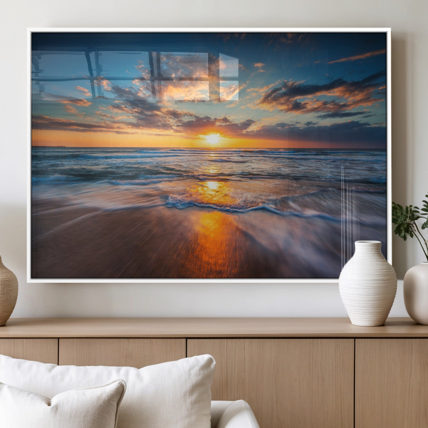 MGV-FP-36X24-3P - Sunset on the Ocean Beach with Waves, Reflections on Sand, Coastal Wall Art Print, Beach Wall Art,