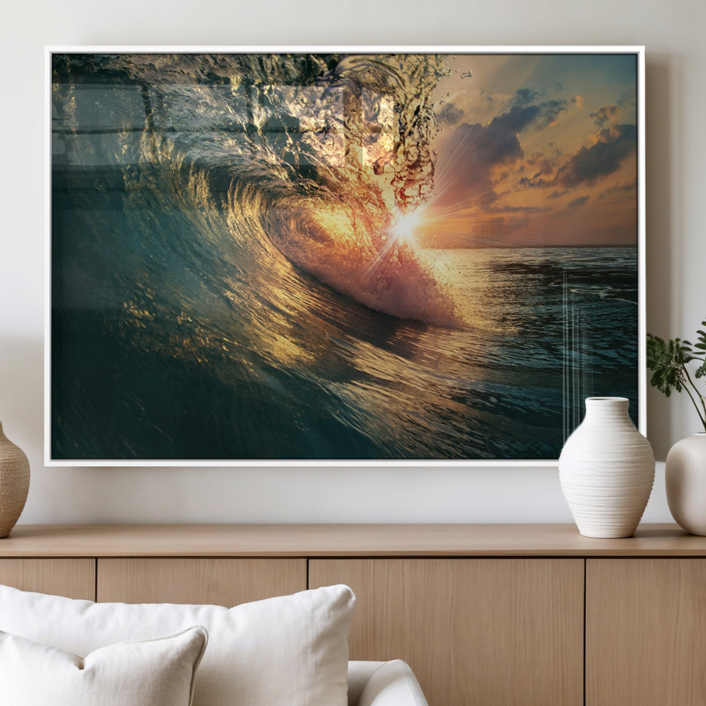 MGV-FP-36X24-3P - Ocean Wave Sunset Canvas Wall Art – Triptych Seascape Print – Framed and Ready to Hang for Living