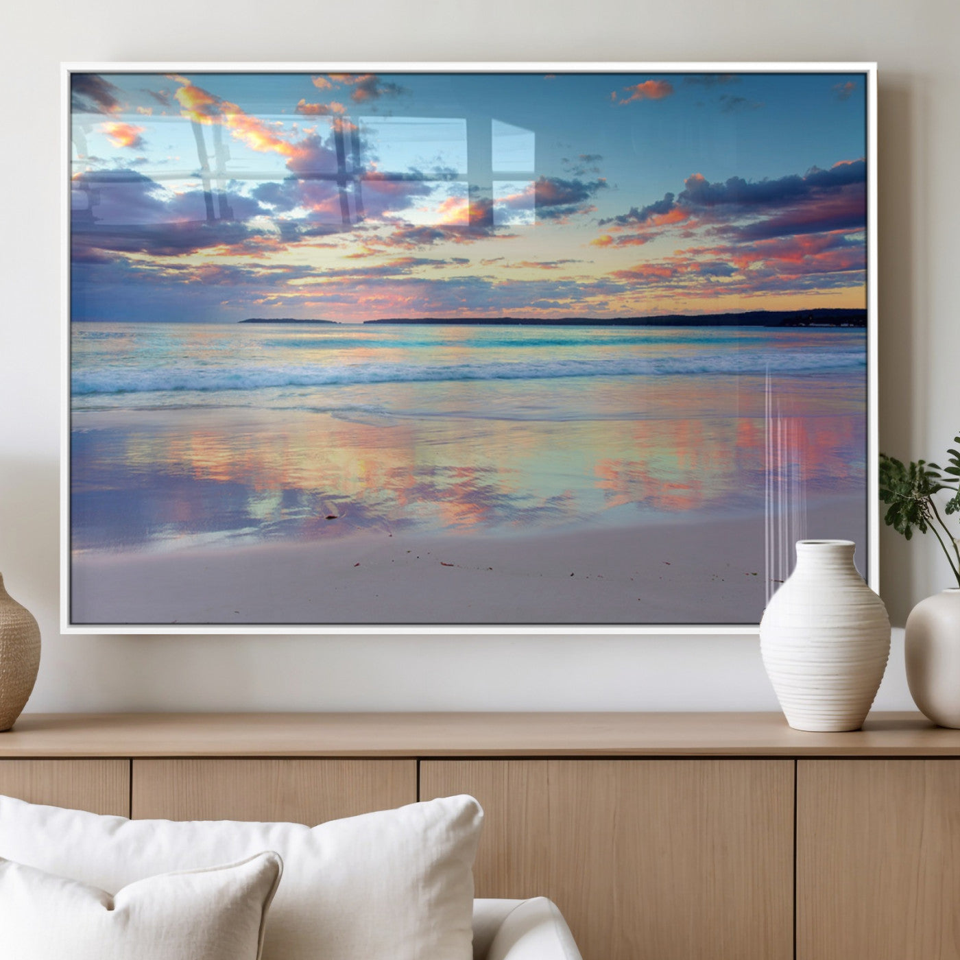 MGV-FP-36X24-3P - Tranquil Pastel Sunset Beach Triptych Canvas Art, Soothing Coastal Ocean Shoreline Giclee Print,