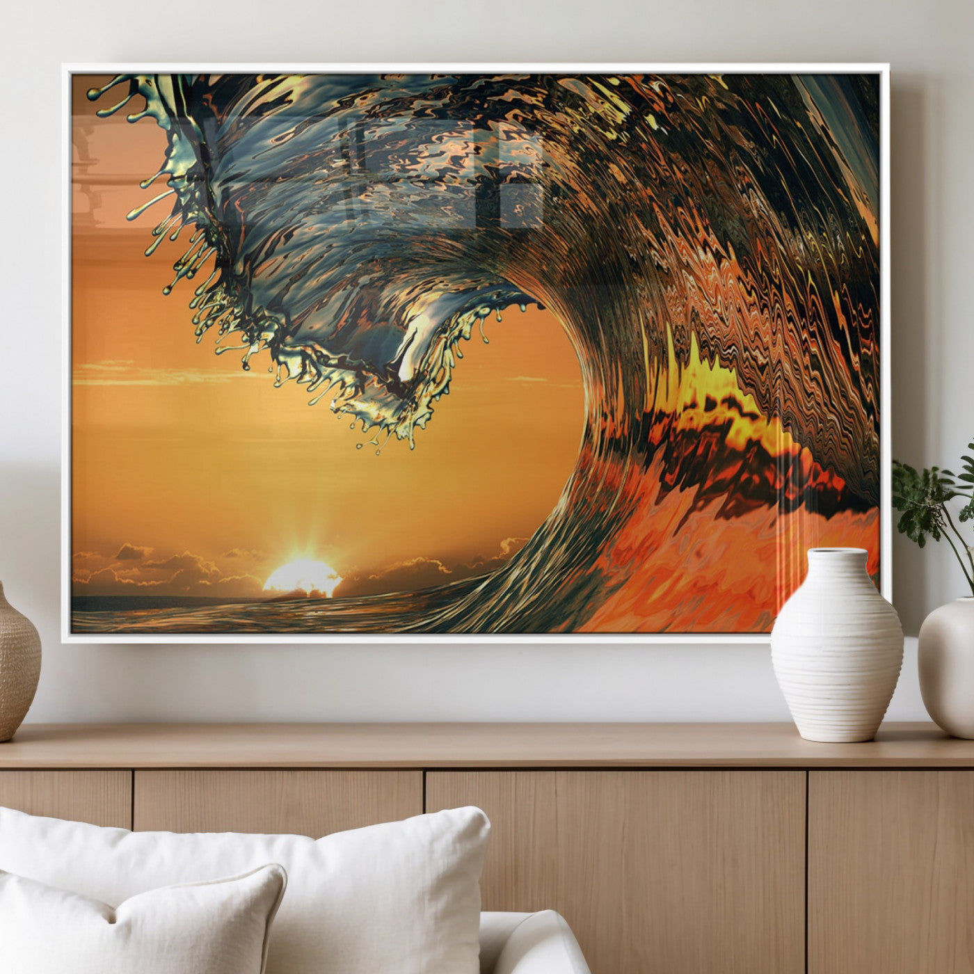 96977-MGV-FP-36X24-3P_White-Surf Wave Sunset Canvas Wall Art Print, 3-Panel Ocean Coastal Wall Art Print, Ocean Decor for