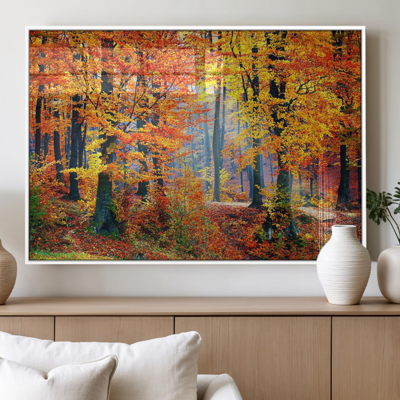 MGV-FP-36X24-3P - Autumn Red Forest Triptych Canvas Wall Art Print, Forest Wall Decor, Fall Landscape Art | Season