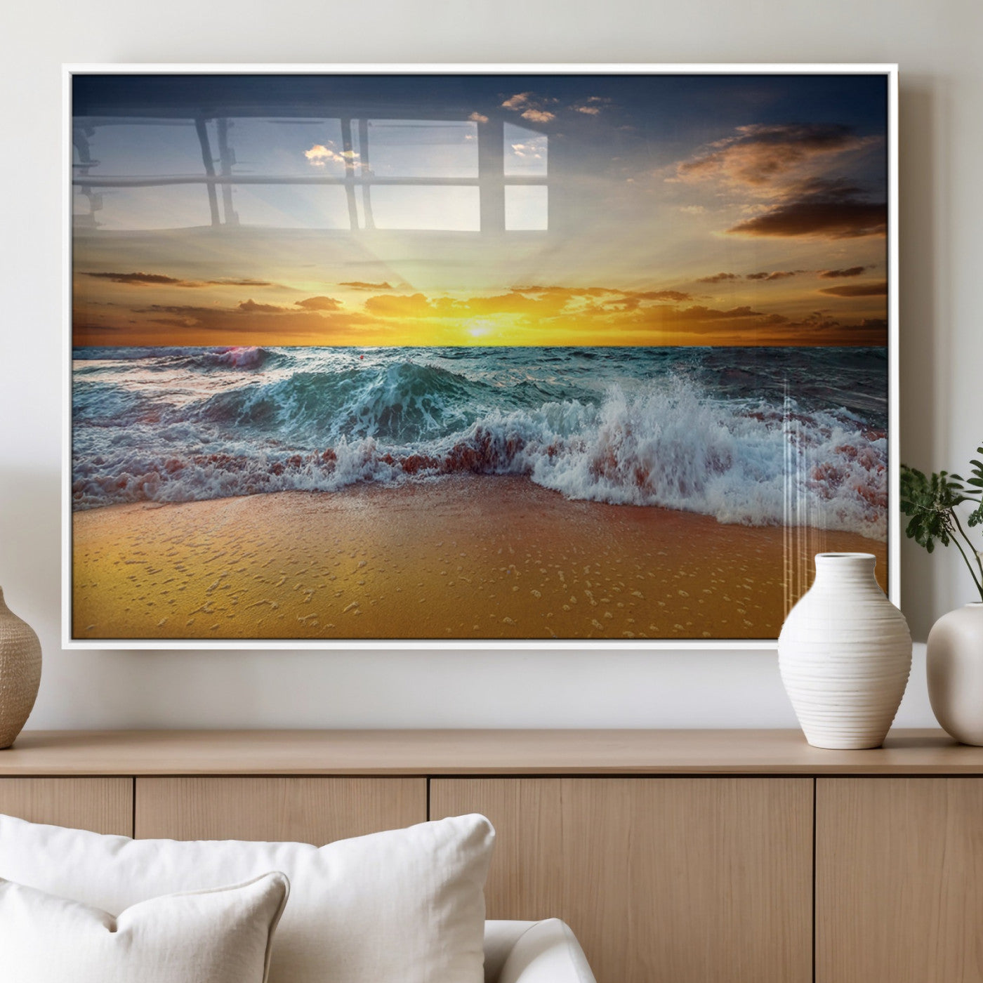 73401-MGV-FP-36X24-3P_White-Golden Sunset Ocean Waves Wall Art Canvas Print – Multi Panel Beach Canvas Print Set – Large Coastal