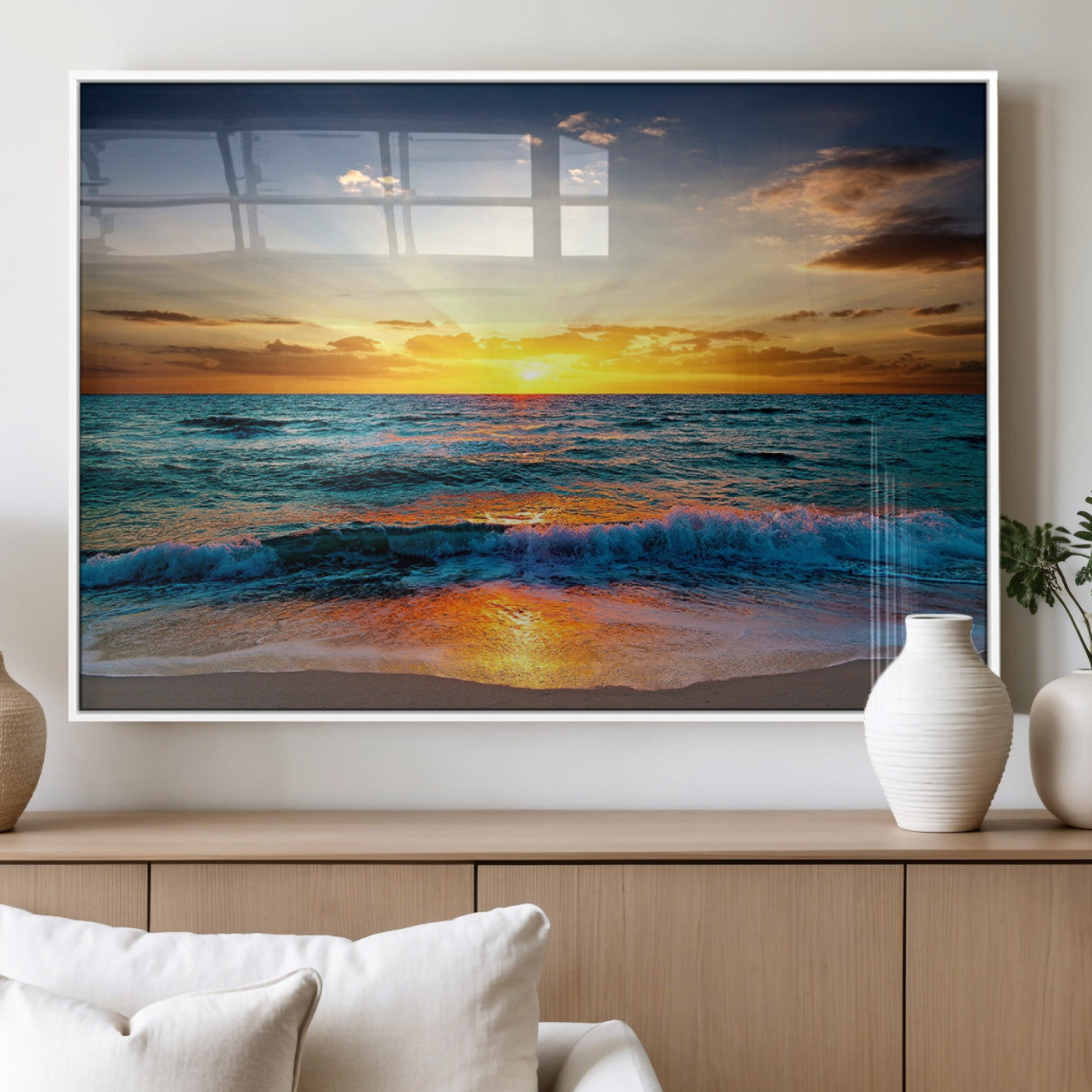 50627-MGV-FP-36X24-3P_White-Vibrant Ocean Sunrise Over Golden Beach Waves, Giclee Canvas Wall Art Set, High-Quality Stretched