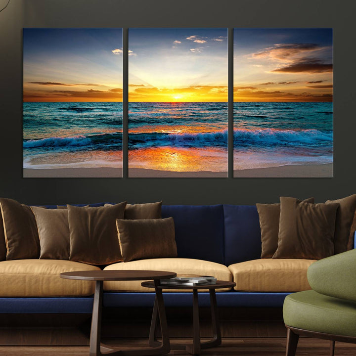 Vibrant Ocean Sunrise Over Golden Beach Waves, Giclee Canvas Wall Art Set, High-Quality Stretched Canvas Print, Ready to Hang Coastal Sunset Wall