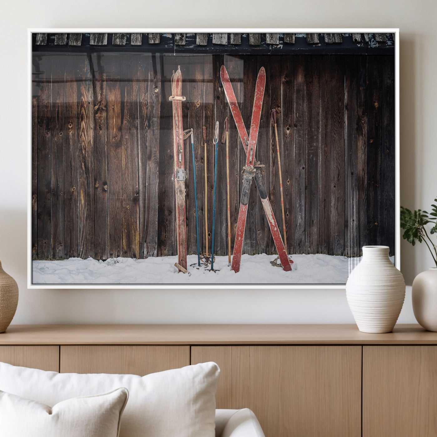 MGV-FP-36X24-3P - Vintage Ski Gear Canvas Print, Vintage Ski Gear Against Wooden Cabin Wall, Rustic Winter Sports