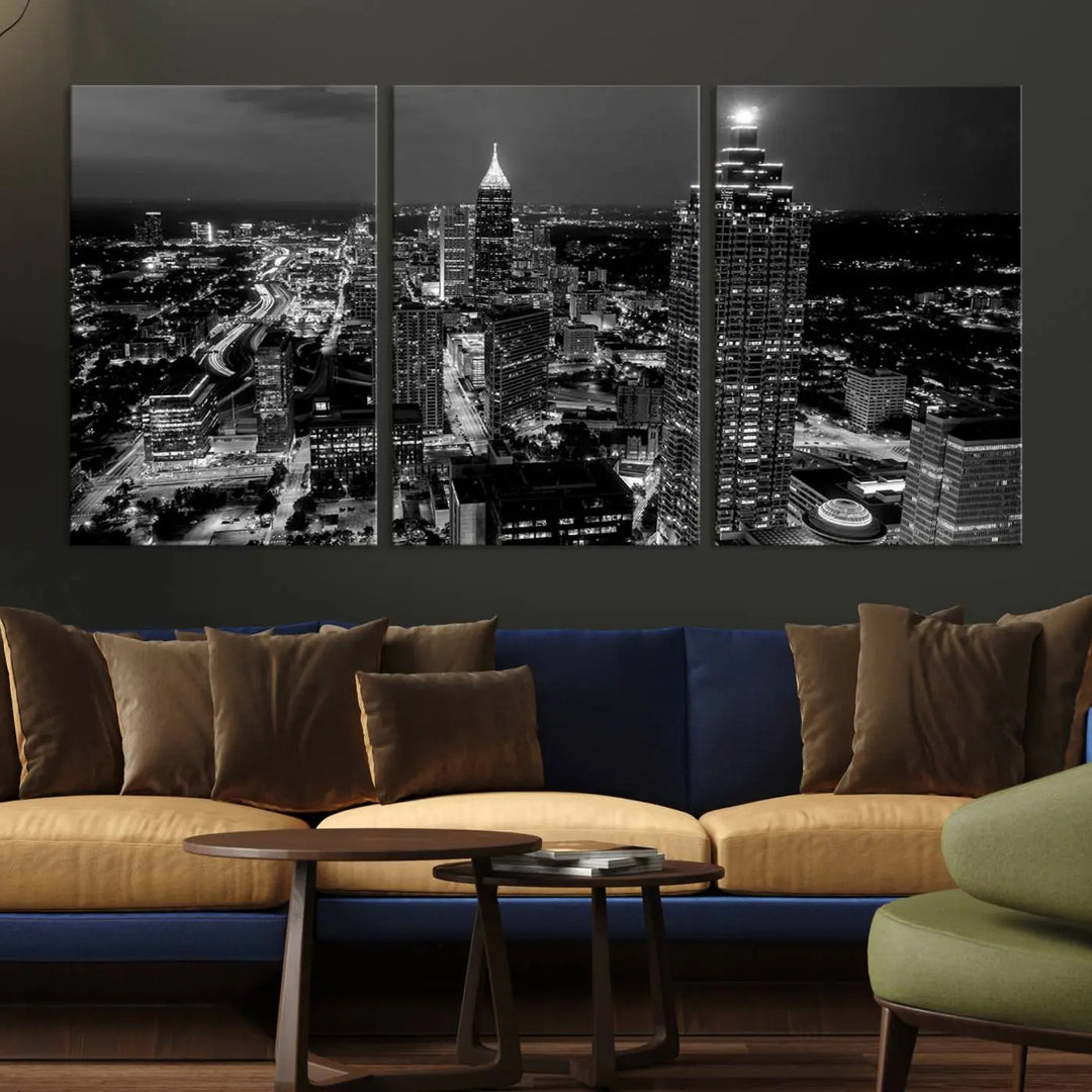 The Atlanta City Lights Skyline Black and White Wall Art Cityscape Canvas Print is elegantly displayed on the wall. These museum-quality canvases arrive ready to hang, making your art display both effortless and sophisticated.