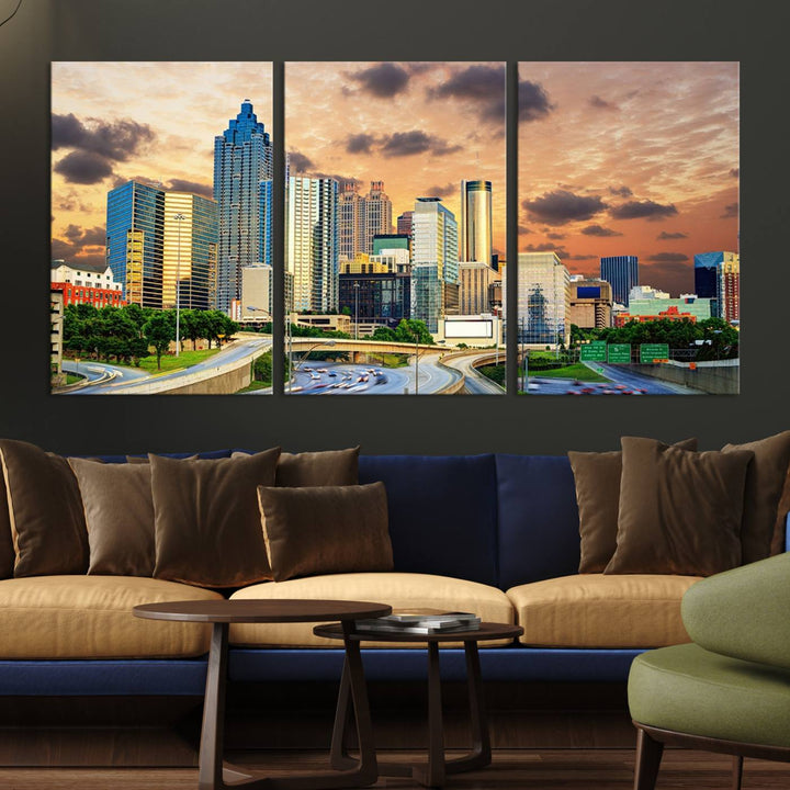 Atlanta City Lights Coucher de soleil Skyline Paysage urbain Vue Art mural Impression sur toile