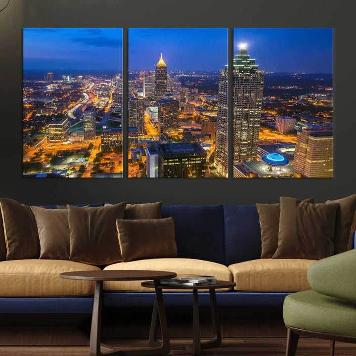 An elegant Atlanta City Blue Skyline Cityscape View Wall Art Canvas Print graces the wall, offering a sophisticated addition to your living space. Enjoy free shipping on this stylish piece.