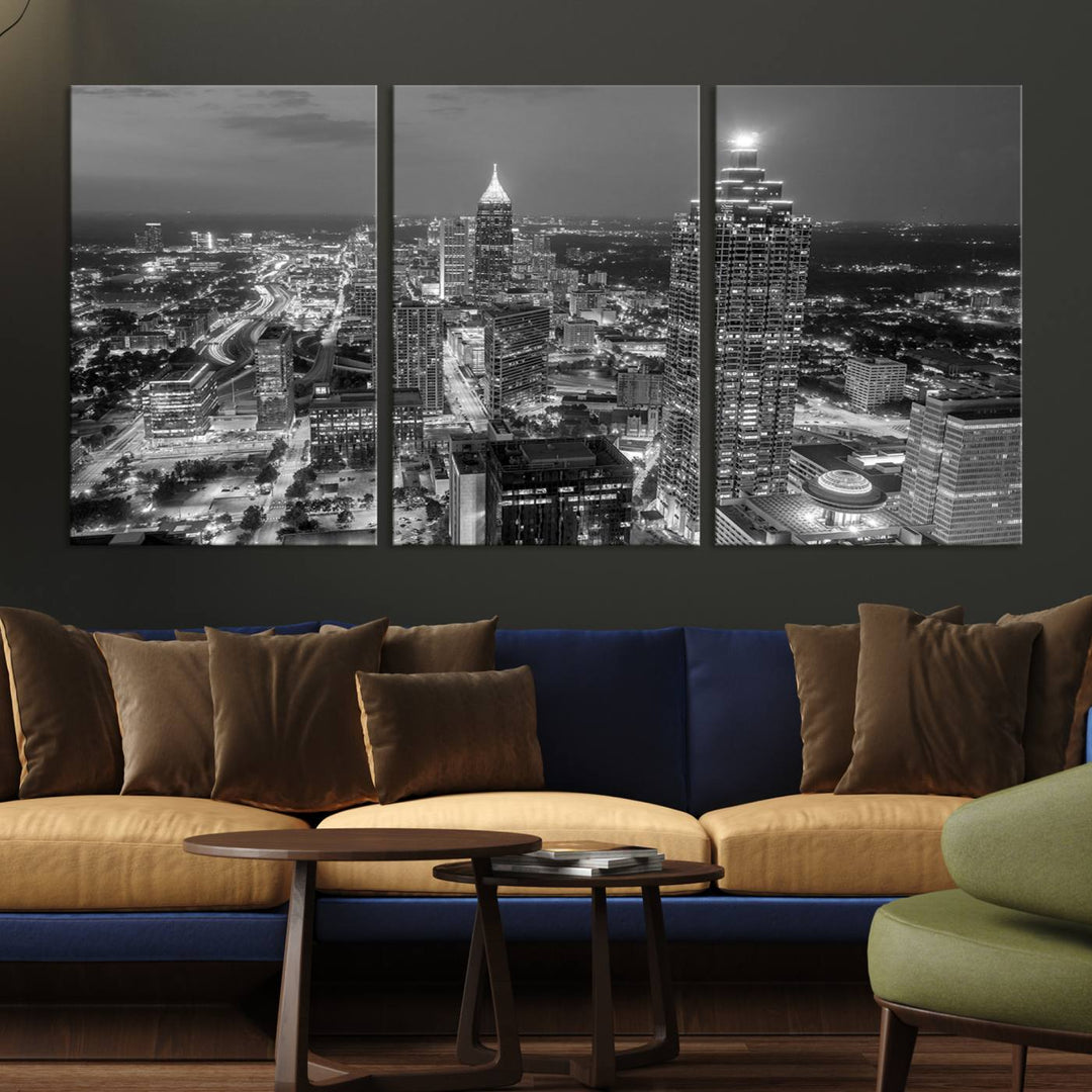 Atlanta City Skyline Art mural noir et blanc Paysage urbain Impression sur toile