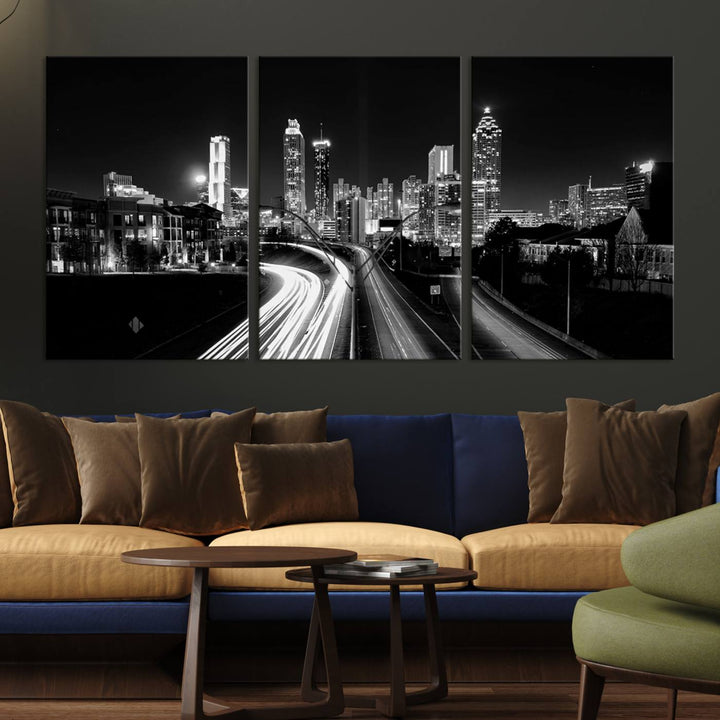 Atlanta City Lights Skyline Art mural noir et blanc Paysage urbain Impression sur toile