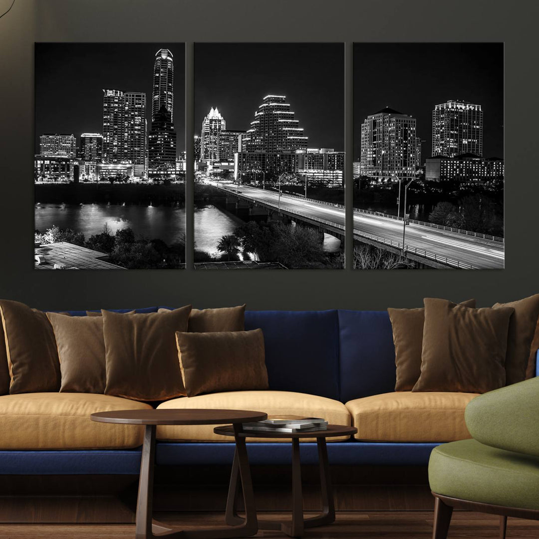 Austin City Lights Skyline Art mural noir et blanc Paysage urbain Impression sur toile