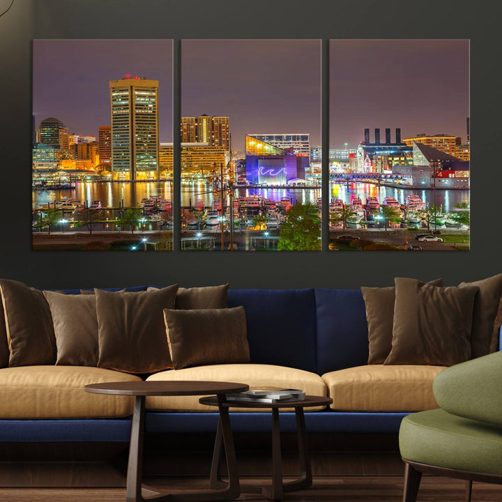 The Baltimore City Lights Night Skyline Cityscape View Wall Art Canvas Print is elegantly displayed on museum-quality canvas.