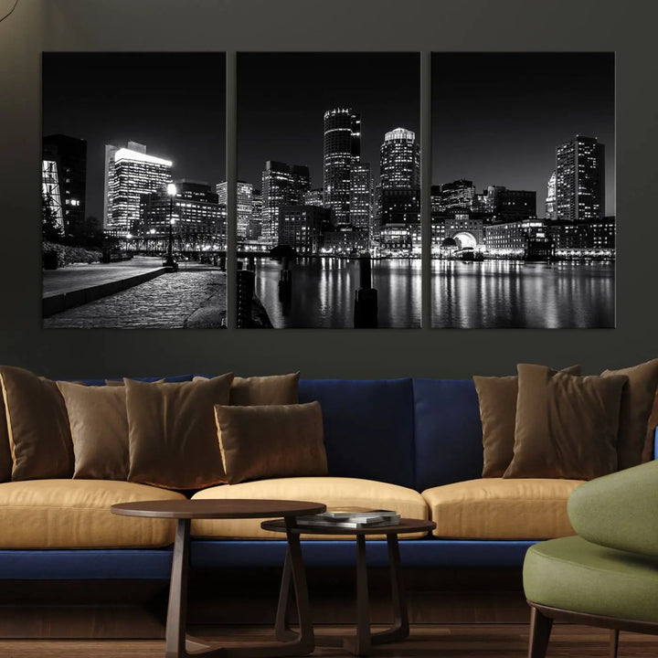 The living room showcases the Boston City Lights Skyline Black and White Wall Art Canvas Print.