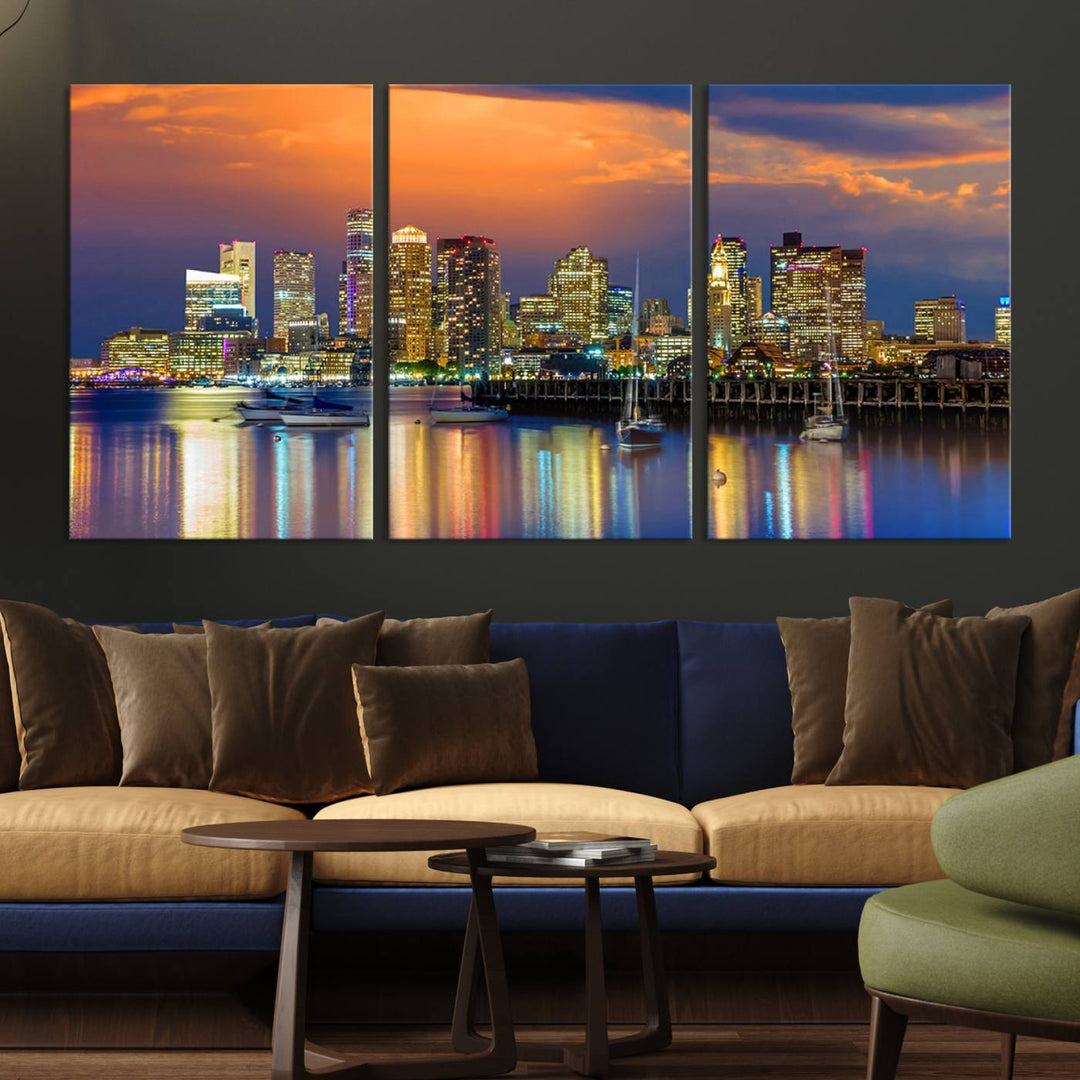 Boston City Night Blue and Orange Skyline Cityscape View Wall Art Canvas Print 