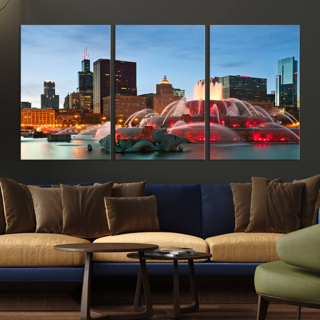 Chicago City Lights Night Skyline Cityscape View Wall Art Canvas Print