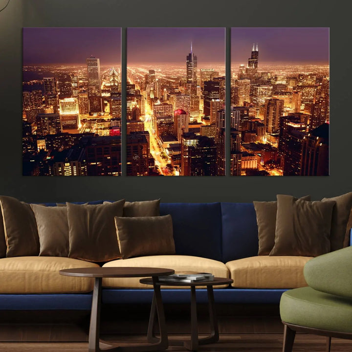 A large artwork showcasing the Chicago Night Skyline cityscape is elegantly displayed on a gallery-wrapped, museum-quality canvas.