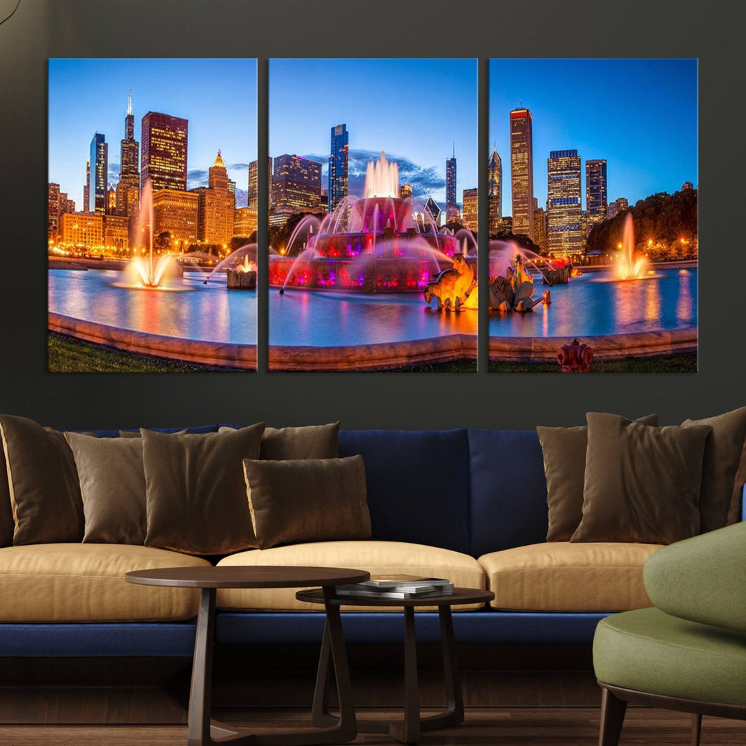 Chicago City Colorful Lights Night Skyline Cityscape View Wall Art Canvas Print