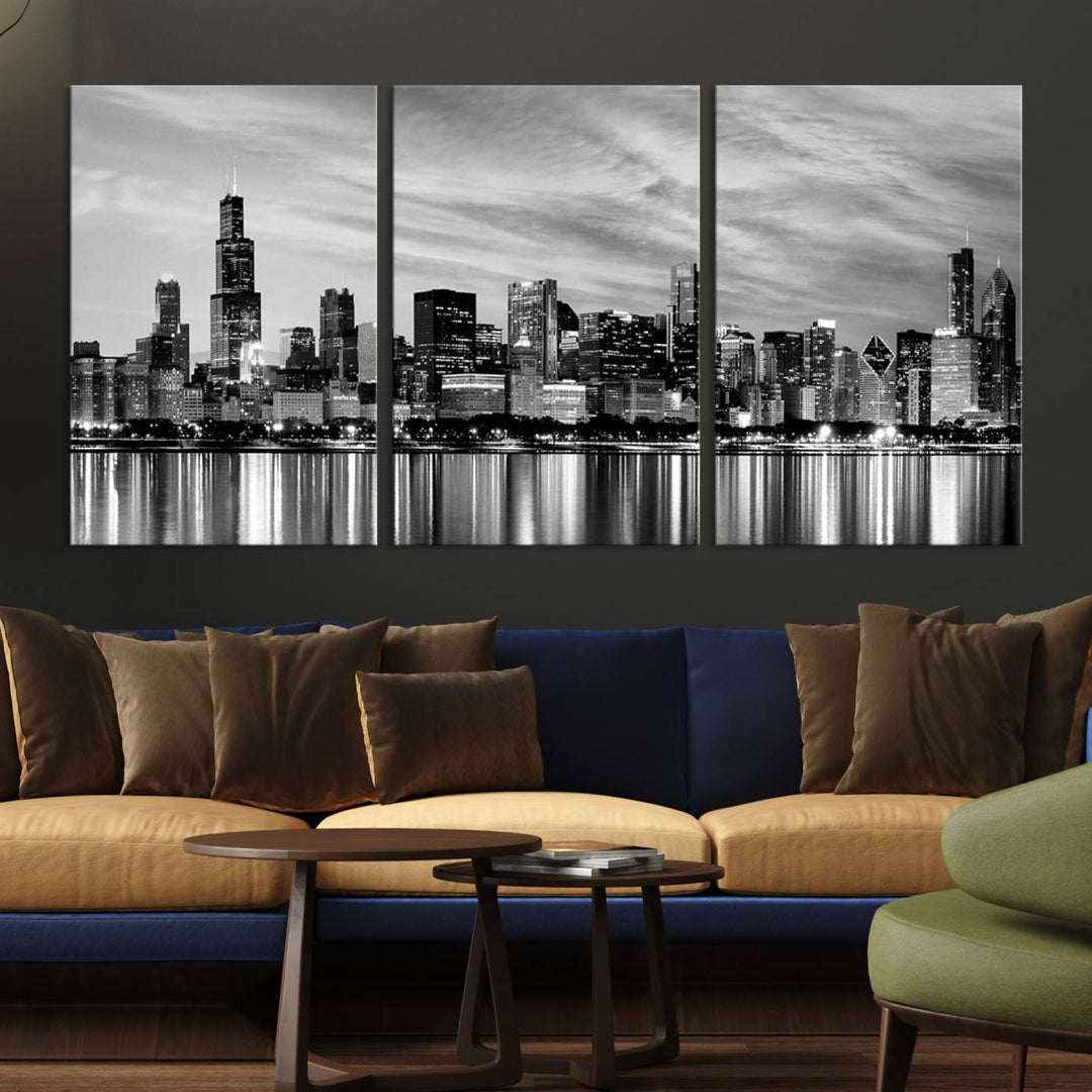 Chicago City Cloudy Skyline Black and White Wall Art Cityscape Canvas Print