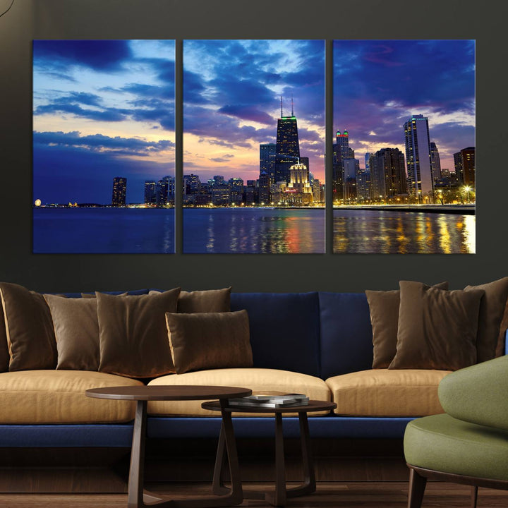 Chicago City Lights Nuit Nuageux Bleu Skyline Cityscape View Wall Art Impression sur toile