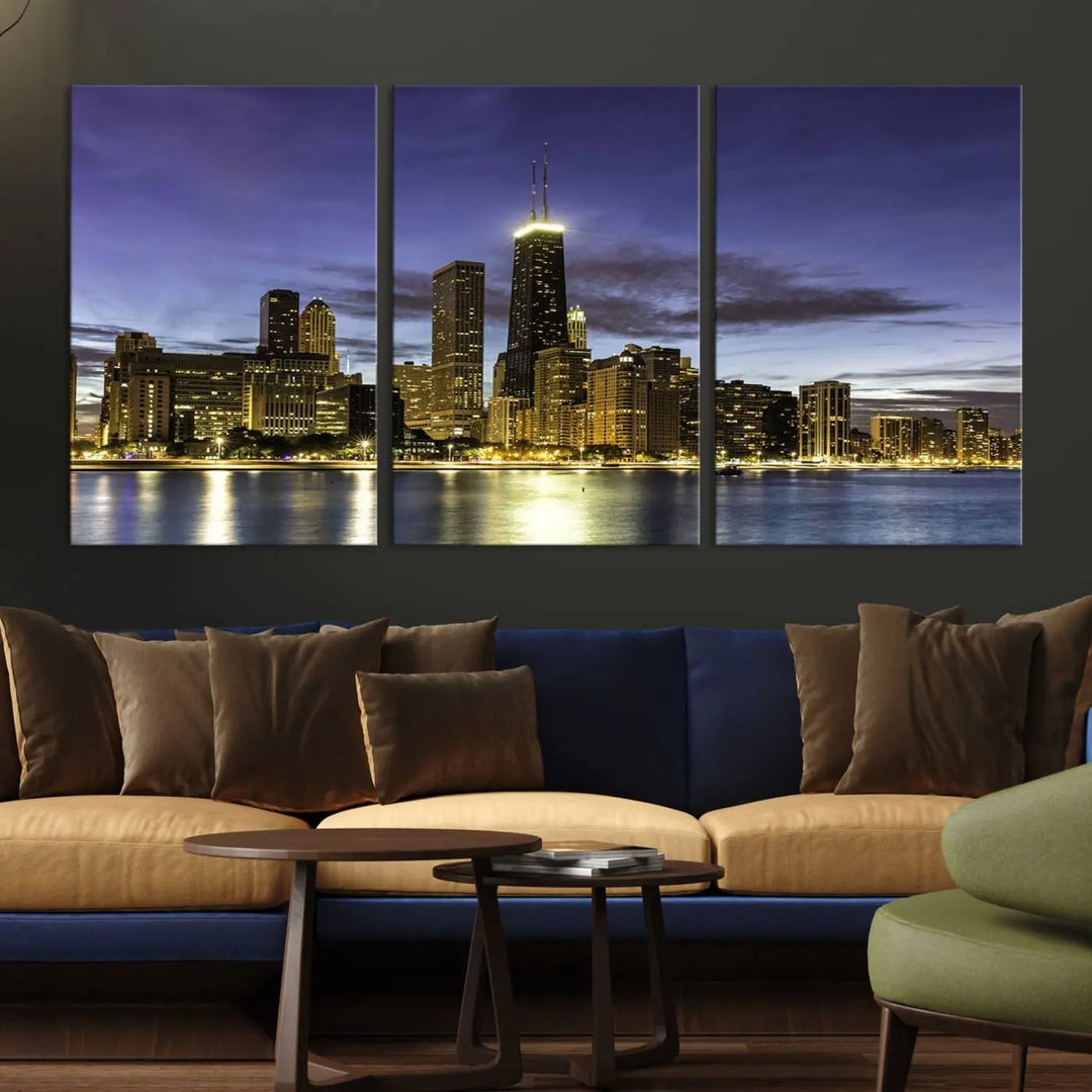 Chicago Night Skyline Cityscape Canvas Picture Print is a stunning three-panel wall art piece, perfect for adding sophistication to any setting. Crafted by professional artisans, this artwork features museum-quality canvases designed to enhance your space. Enjoy free shipping with your purchase.