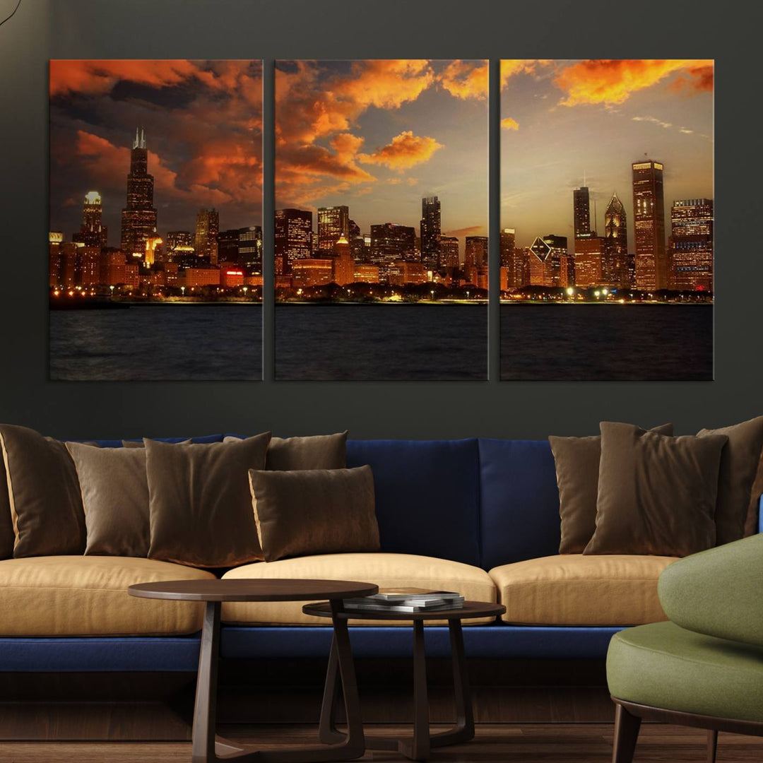 Chicago City Lights Coucher de soleil Orange Nuageux Skyline Paysage urbain Vue Art mural Impression sur toile