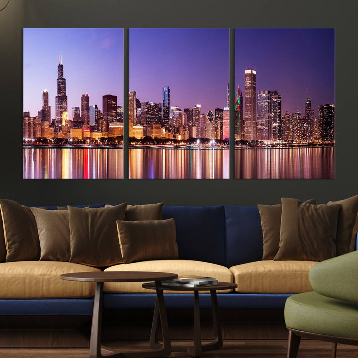 Chicago City Lights Night Purple Skyline Cityscape View Wall Art Canvas Print