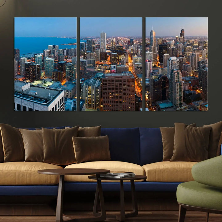 Product Name: Chicago Night Skyline Wall Art City Cityscape

Artwork Description: This artwork is a triptych depicting the Chicago city skyline at night. Created on museum-quality canvas with a UV-protective coating, it comes ready to hang and seamlessly enhances any space.