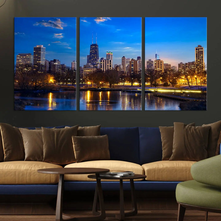 A triptych photo titled "Chicago City Lights Night Blue Skyline Cityscape View Wall Art Canvas Print" is elegantly displayed on gallery-wrapped, museum-quality canvases.