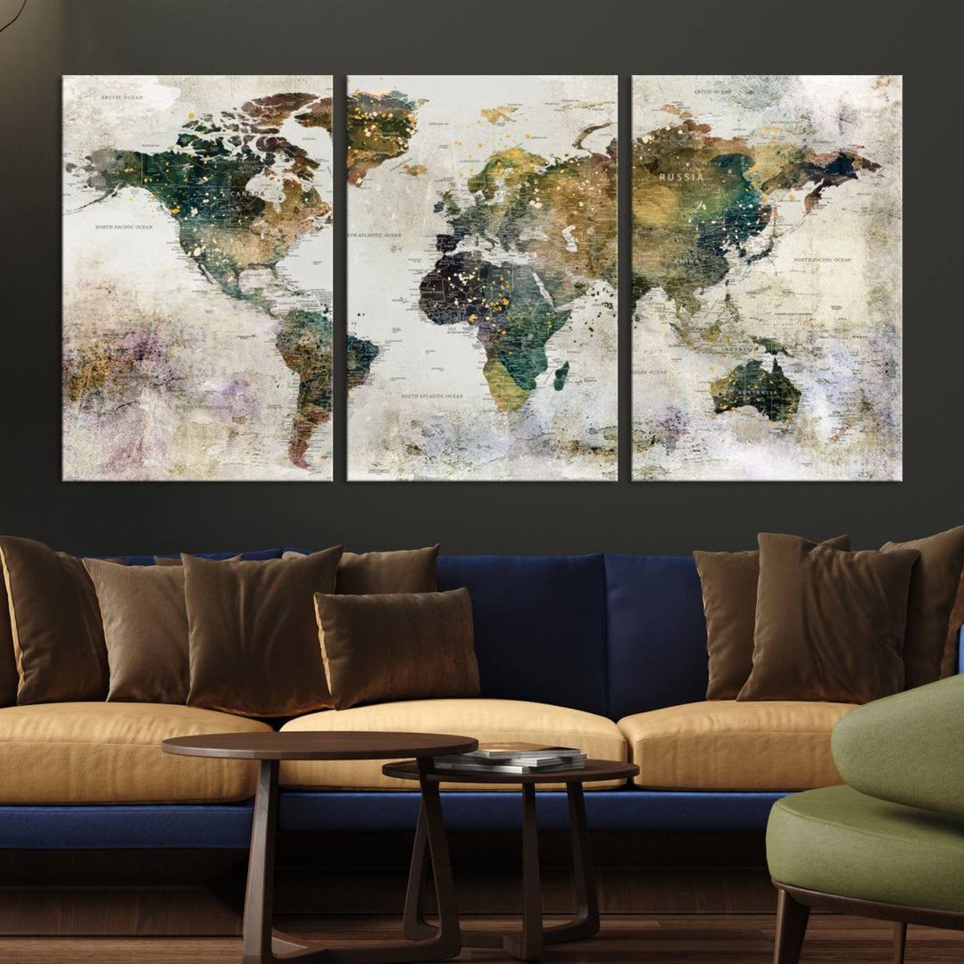 Carte du monde, impression d'art mural, carte sur toile, ensemble mural de 3 panneaux, cadeau, carte de voyage