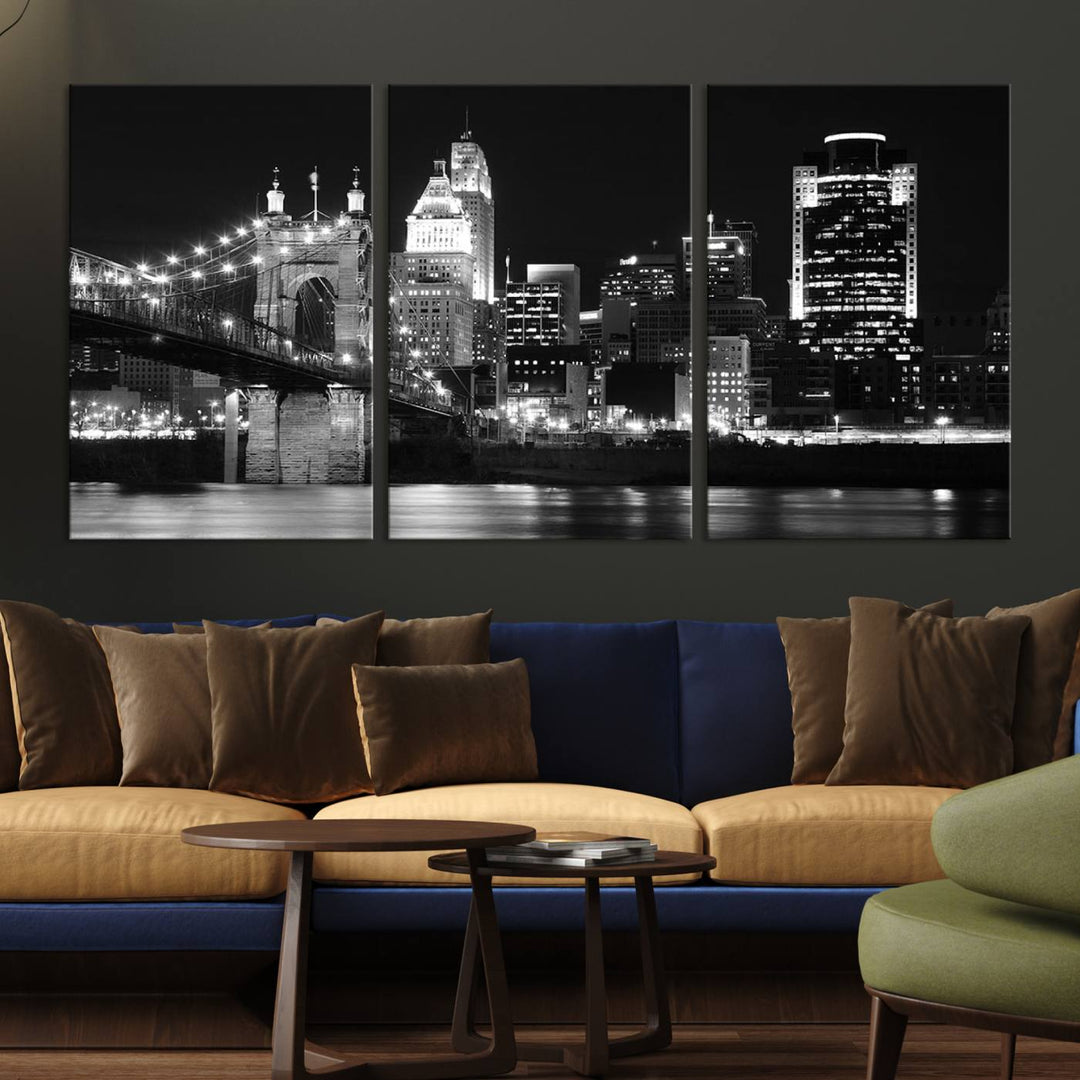 The Cincinnati City Skyline Black and White Wall Art Cityscape Canvas Print is prominently displayed.