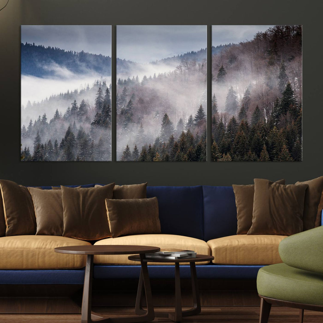 The "Beautiful Rising Fog in Winter Mountain Landscape" wall art is presented on museum-quality canvas, adding a striking visual element to the living room.