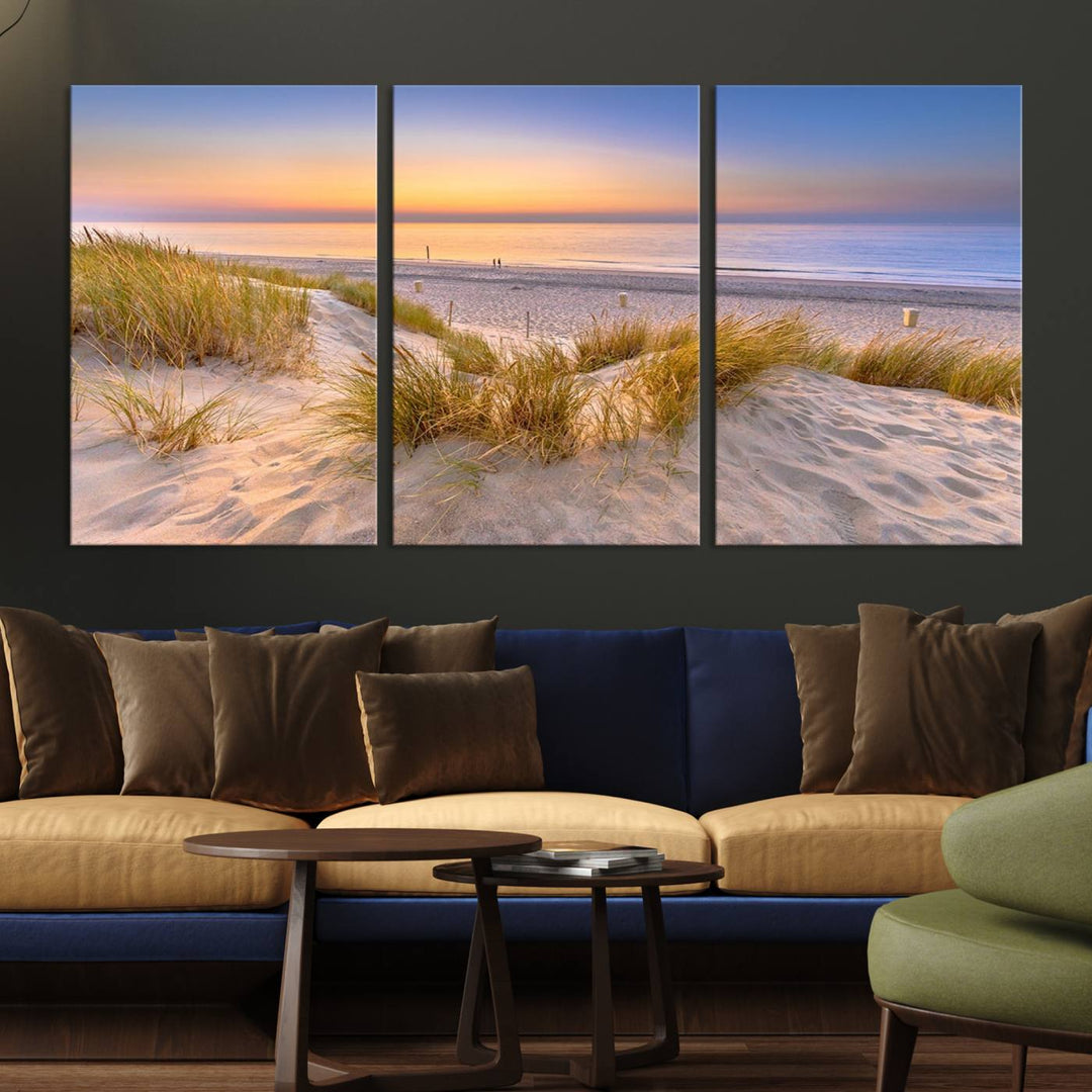 The "Sunset Silence on the Beach" wall art canvas print features a serene beach scene at sunset on museum-quality canvas with a UV-protective coating.