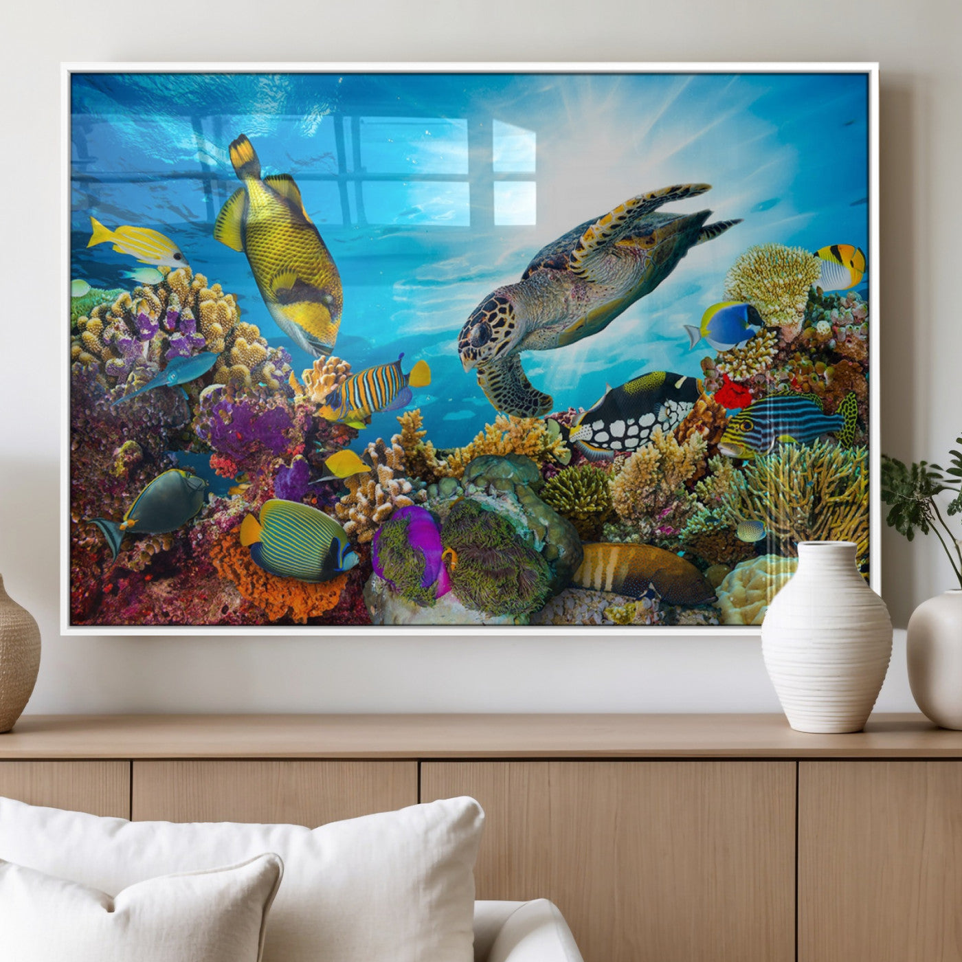 MGV-FP-36X24-3P - Sea Turtle Coral Reef Wall Art Print – Colorful Underwater Canvas Print – Tropical Ocean Marine Life Artwork – Perfect for Coastal Home Decor