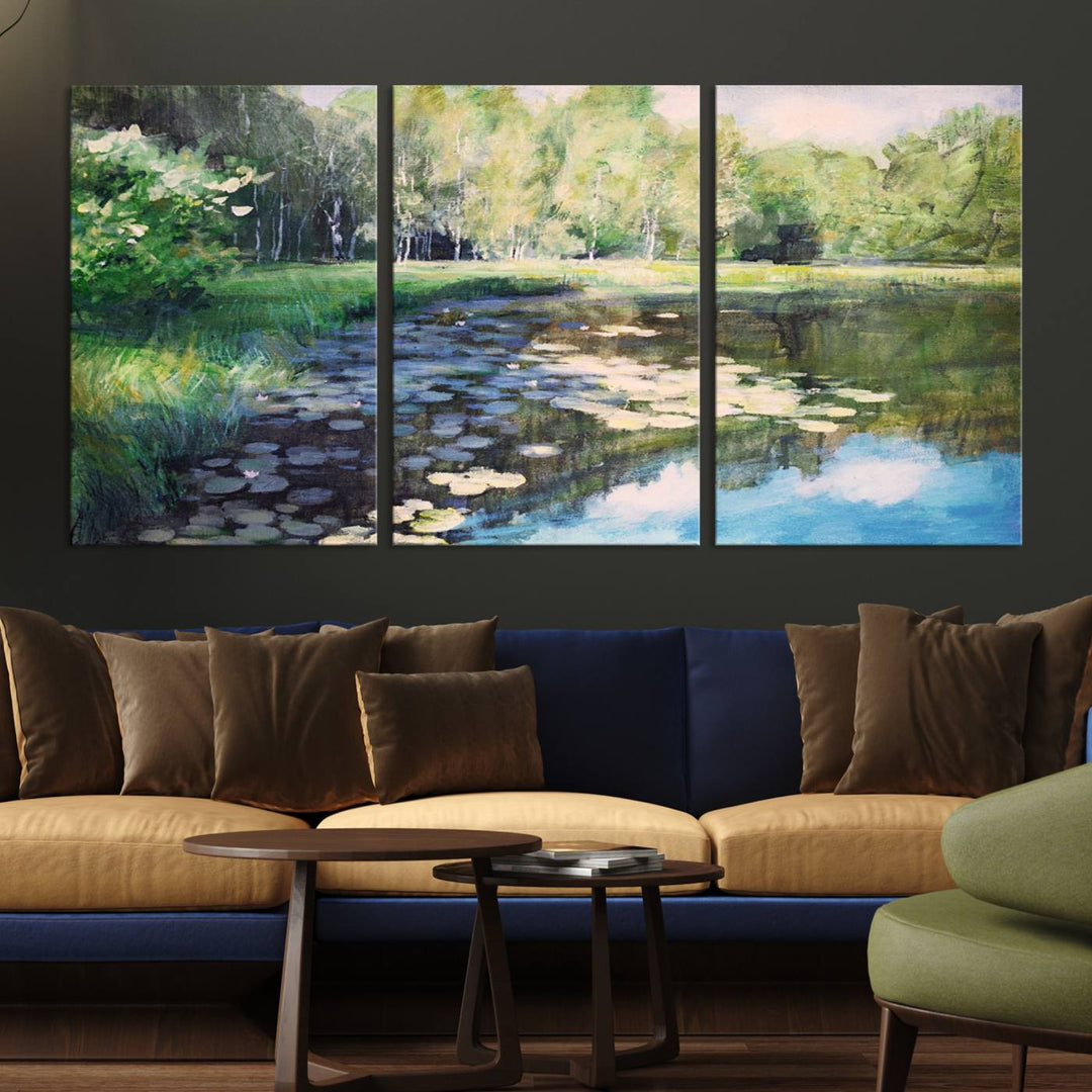 The "Forest Pond River Lake Wall Art Canvas Print" showcases a serene lakeside landscape with trees and water lilies. Crafted on museum-quality canvases and enhanced with UV-protective coating, this piece serves as an elegant addition to any space.