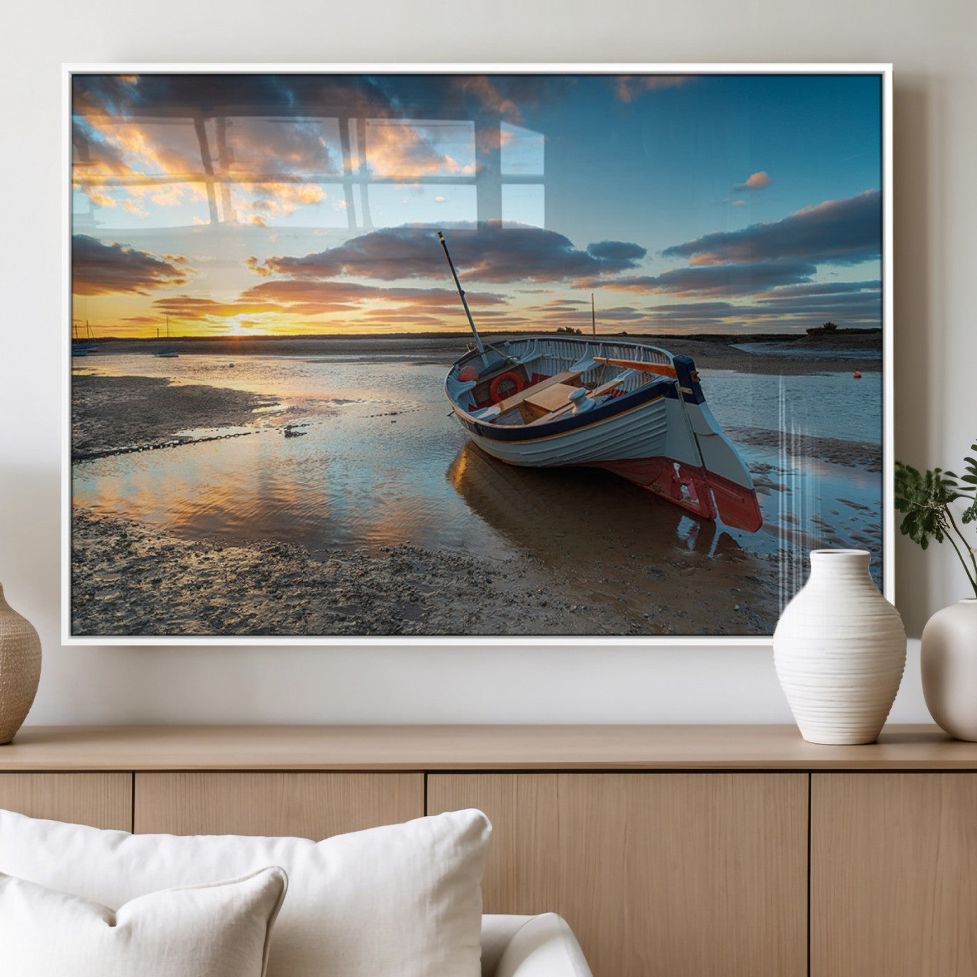 MGV-FP-36X24-3P - Small Boat At The Beach Sunset Wall Art, Boat Sunset Wall Art Canvas Print